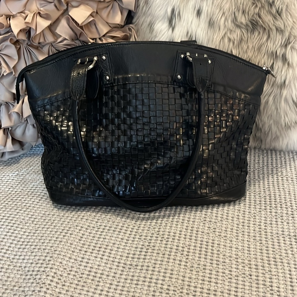 Valentina Italia Black Woven Leather Two Handle Zipper Laptop Tote Bag Purse - Picture 4 of 16